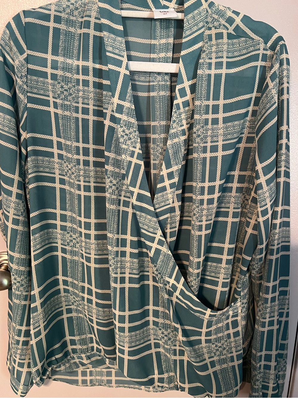 CAbi Teal and Cream Geometric Print Top